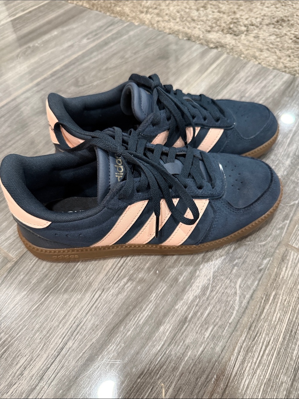 adidas Navy Suede Sneakers with Pink Stripes